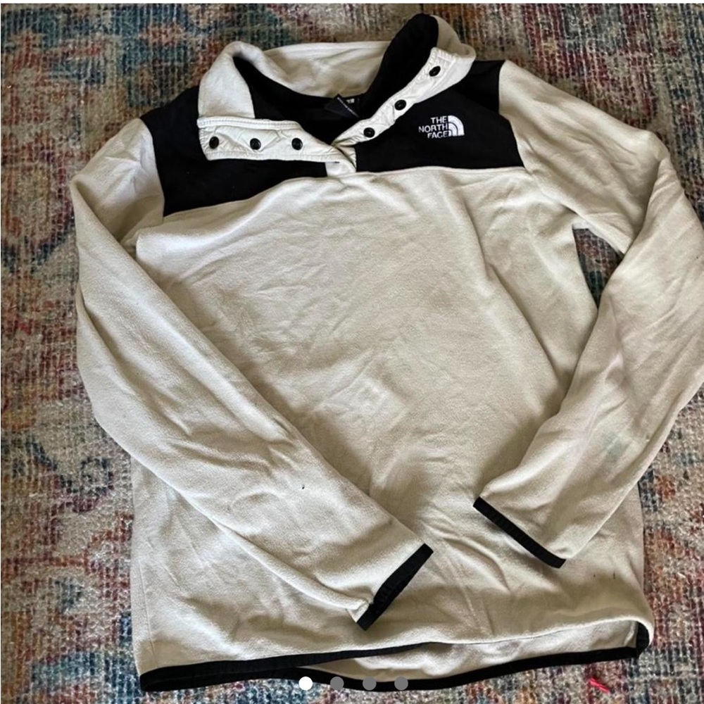 off white and black north face half button up pull over sweater